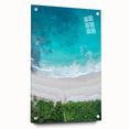 Side view of a vibrant acrylic wall art collection showcasing beach landscapes, featuring colorful designs and mounted with pins for easy display. This artwork adds a coastal aesthetic to any interior decor.