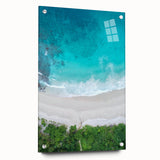 Side view of a vibrant acrylic wall art collection showcasing beach landscapes, featuring colorful designs and mounted with pins for easy display. This artwork adds a coastal aesthetic to any interior decor.