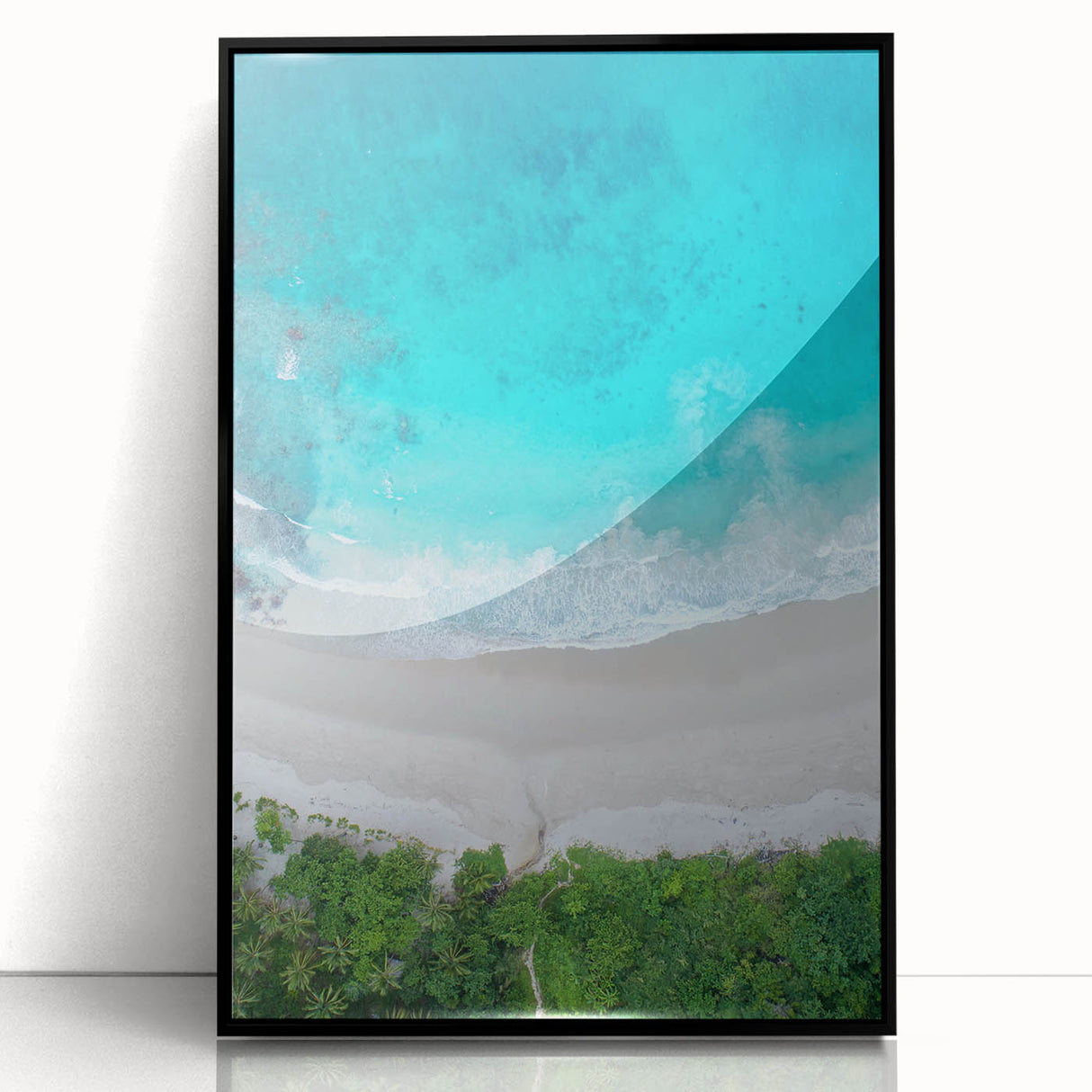 Framed acrylic wall art showcasing a serene beach landscape with vibrant colors, ideal for home decor, enhancing living spaces with a coastal theme.