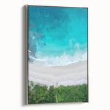 Framed canvas wall art featuring a serene beach landscape with vibrant colors, silver frame, perfect for home decor, adding a coastal vibe to any room.