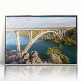 Framed acrylic wall art showcasing a stunning landscape bridge design, featuring a silver frame that enhances the vibrant colors and intricate details, perfect for home decor.