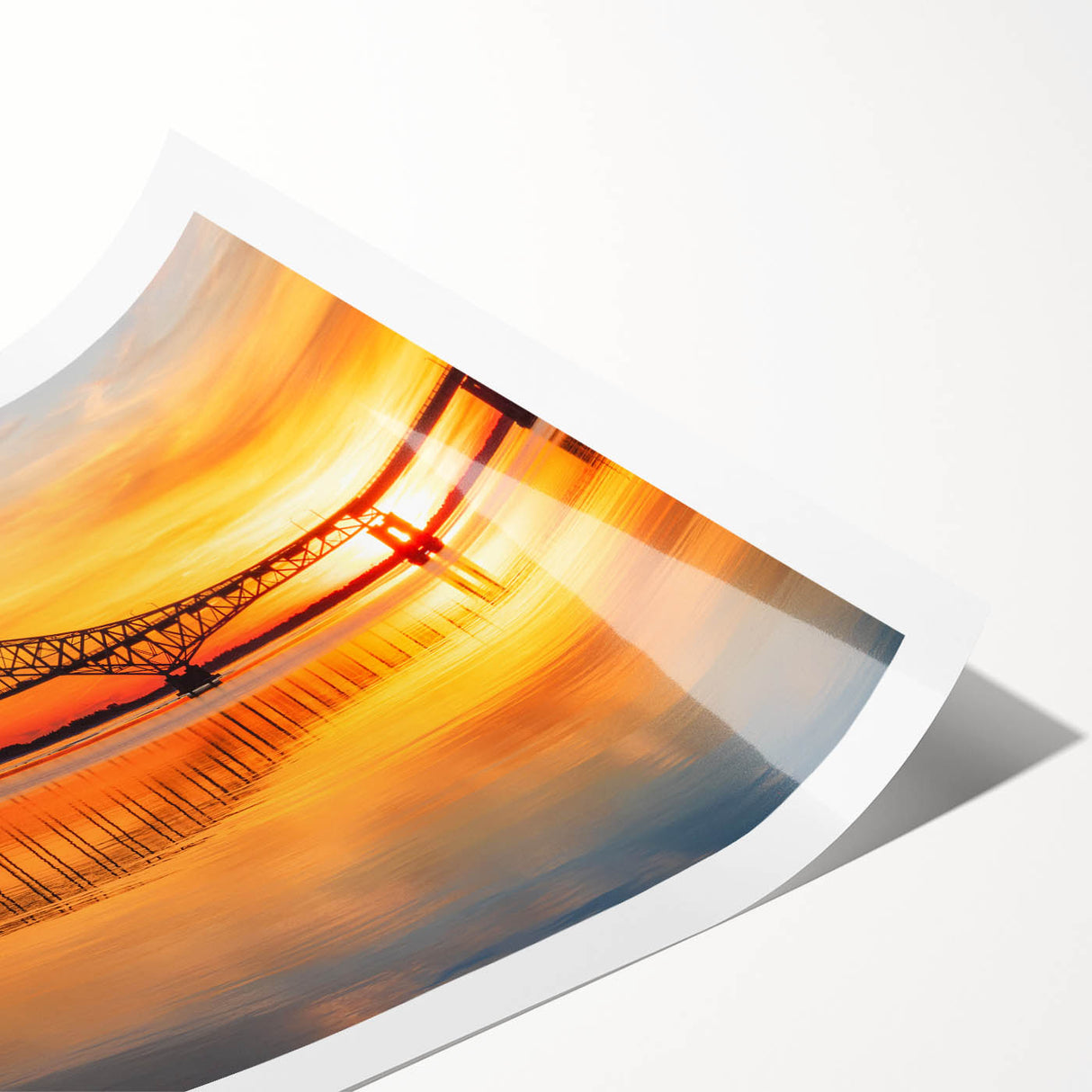 Vibrant rolled wall art print showcasing a serene landscape with a modern bridge, featuring lush greenery and a clear blue sky, perfect for home decor.