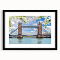 Framed black wall art featuring a serene landscape with a bridge, styled with a white mat for contrast, ideal for modern home decor.