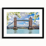 Framed black wall art featuring a serene landscape with a bridge, styled with a white mat for contrast, ideal for modern home decor.
