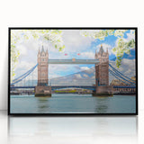 Framed acrylic wall art showcasing a modern landscape with a bridge, featuring a sleek black frame and vibrant colors, perfect for contemporary home decor.