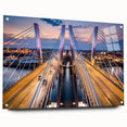 Acrylic glass wall art design showcasing a vibrant landscape with a bridge, pinned for display, enhancing modern home decor with colorful scenery.