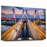 Acrylic wall art piece showcasing a vibrant landscape bridge design, featuring a sleek glass side view without pins, perfect for modern home decor.