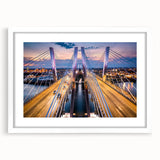 Framed wall art featuring a serene landscape design with a bridge, elegantly matted in white, perfect for enhancing home decor with a touch of tranquility.