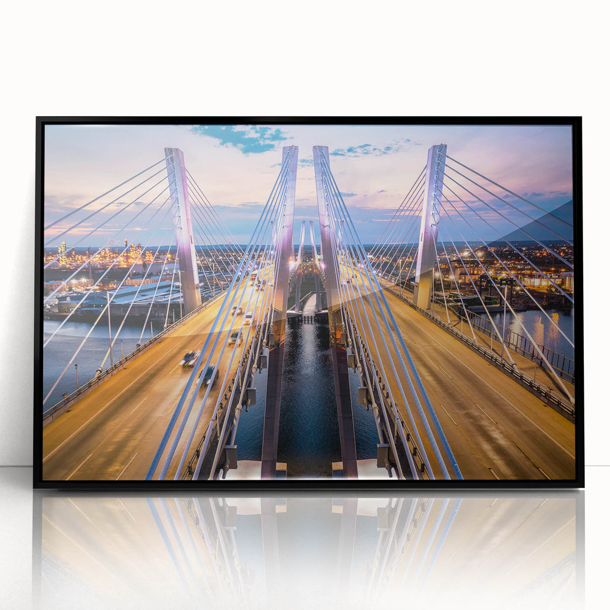 Framed acrylic wall art showcasing a scenic landscape with a bridge, featuring a sleek black frame, ideal for modern home decor and interior design aesthetics.