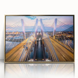 Framed acrylic wall art featuring a stunning landscape with a bridge, adorned in gold tones, perfect for modern decor, enhancing any living space with elegance.