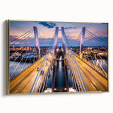 Framed canvas wall art showcasing a contemporary landscape bridge design, featuring vibrant gold accents and a sleek side view, perfect for modern decor.