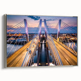 Framed canvas artwork showcasing a contemporary landscape with a bridge, featuring silver accents and a sleek design, perfect for modern home decor.