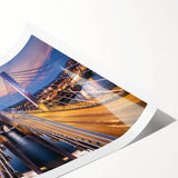 A vibrant rolled print showcasing a serene landscape with a wooden bridge crossing a tranquil river, perfect for nature-themed decor. Ideal for enhancing home aesthetics.