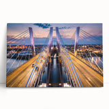 Stretched canvas wall art depicting a serene landscape with a bridge over a river, featuring vibrant colors and natural scenery, ideal for home decor enhancement.