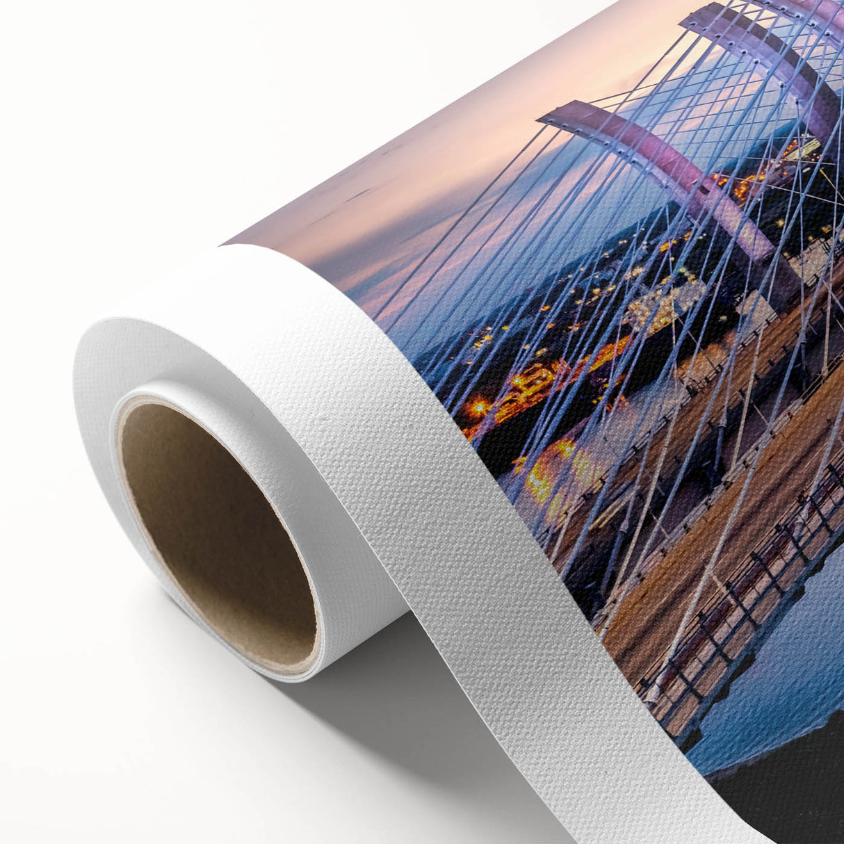 Rolled canvas wall art depicting a serene landscape with a bridge over a tranquil river, featuring vibrant colors and intricate details, perfect for home decor.