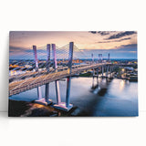 Stretched canvas wall art featuring a serene landscape design with a bridge over a tranquil river, showcasing vibrant colors and detailed textures, perfect for home decor.