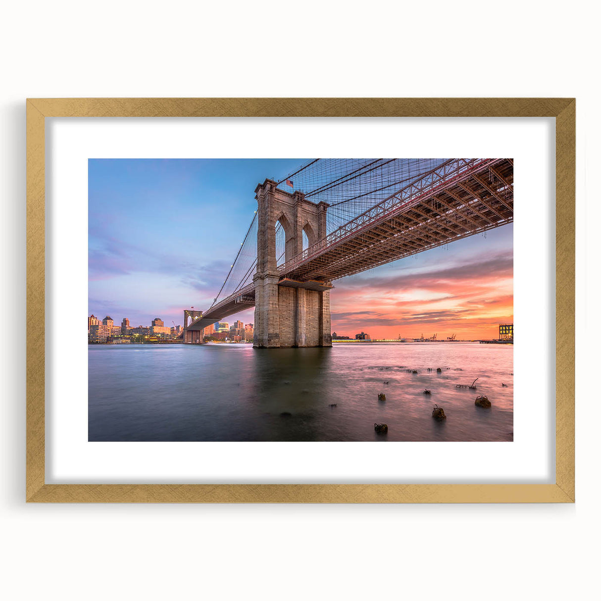 Framed wall art collection showcasing a serene landscape bridge design, featuring a gold mat and elegant frame, perfect for home decor. Ideal for enhancing living spaces with a touch of nature-inspired elegance.