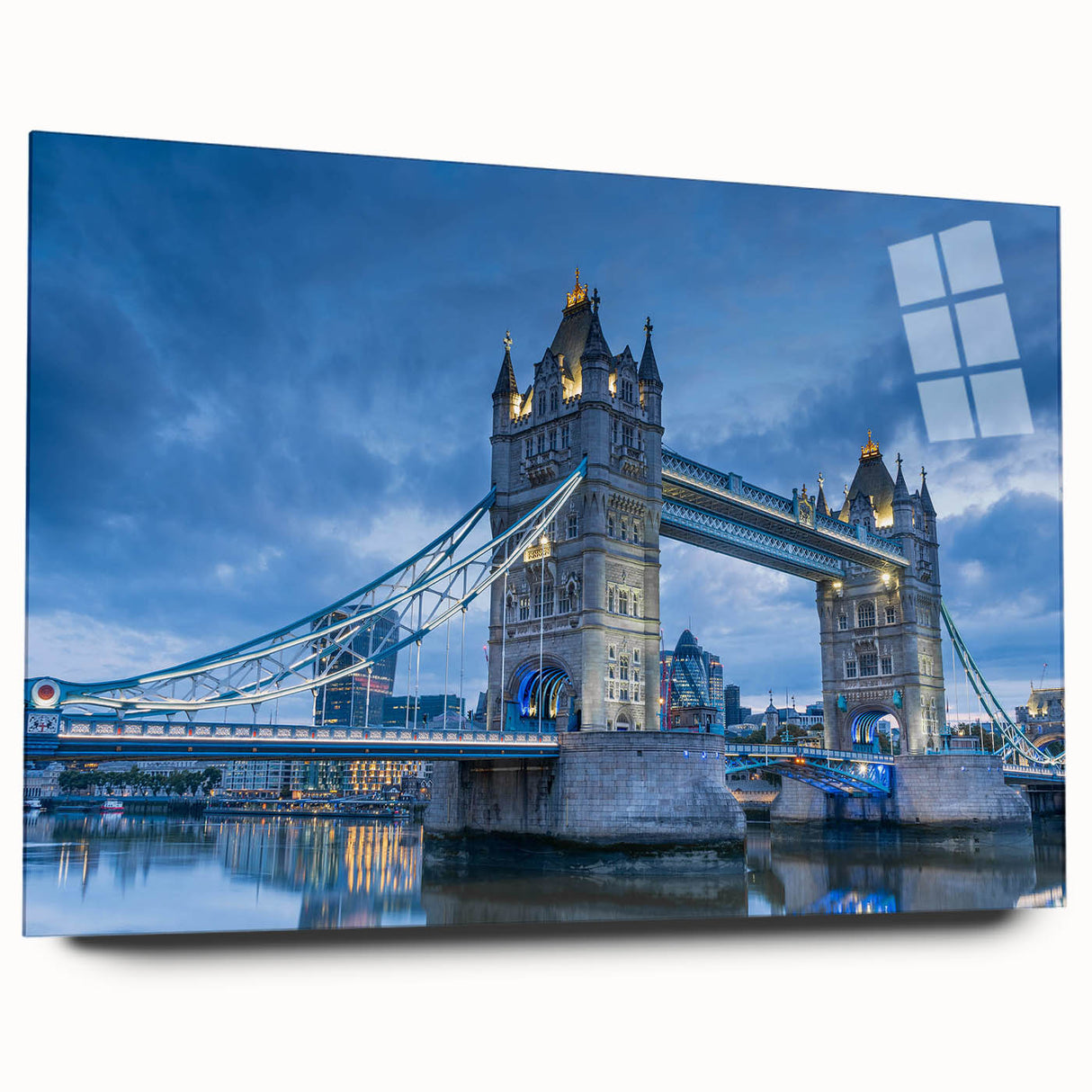 Acrylic glass wall art showcasing a serene landscape bridge design, featuring vibrant colors and intricate details, ideal for home decor or office settings. The artwork is displayed in a stylish side view without pins, emphasizing its modern aesthetic.