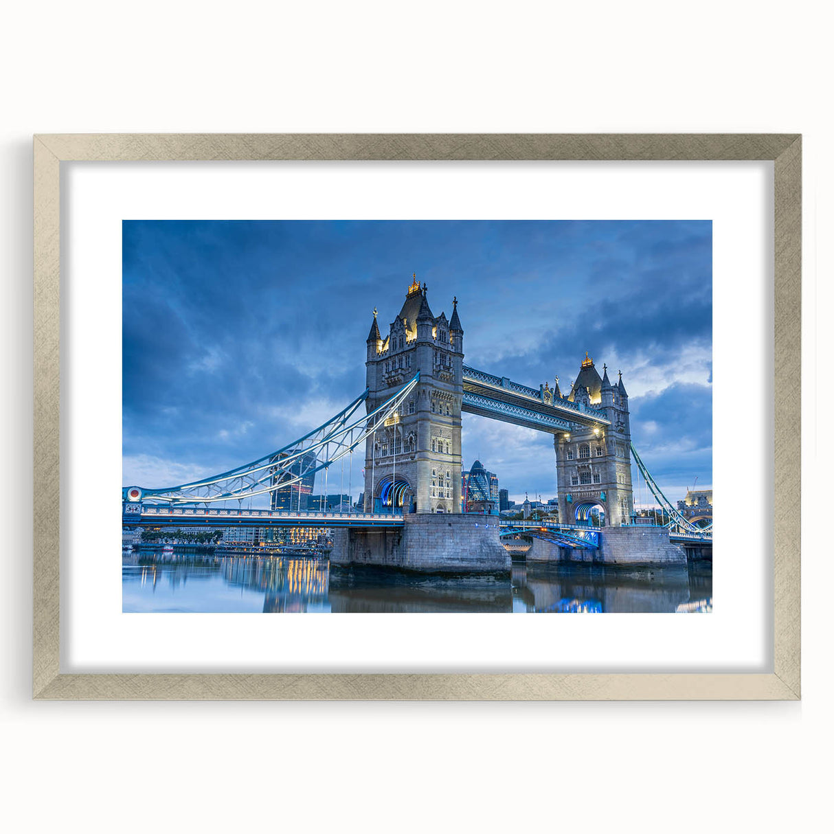 Framed wall art featuring a serene landscape with a bridge, highlighted by a silver mat and frame, perfect for enhancing home decor and adding elegance.