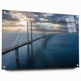 Side view of a modern acrylic glass wall art piece showcasing a striking landscape design with intricate bridge details, mounted with stylish pins for a contemporary look, perfect for home decor enthusiasts.