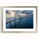 Framed wall art collection showcasing a stunning landscape bridge design with a silver mat, perfect for home decor accents in contemporary settings.