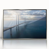 Framed acrylic wall art showcasing a modern bridge design in silver tones, enhancing contemporary decor. Ideal for living room or office spaces, this piece adds sophistication and style.