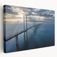 Stretched canvas wall art showcasing a serene landscape with a bridge, featuring vibrant colors and intricate details, perfect for home decor enhancement.