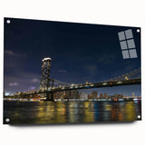 Acrylic glass wall art featuring a modern landscape bridge design, displayed in a side view with decorative pins, perfect for contemporary home decor.