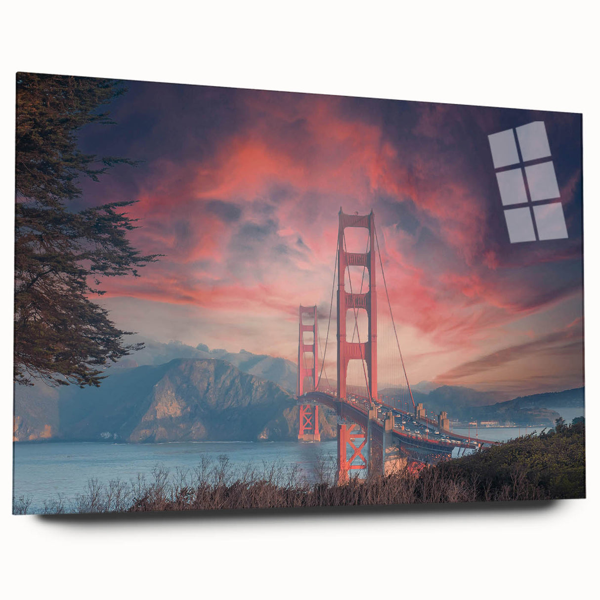 Acrylic glass wall art showcasing a vibrant landscape bridge design, viewed from the side, highlighting its sleek edges and vivid colors, perfect for modern decor.