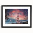 Framed wall art depicting a serene landscape bridge design, featuring a black frame and matting, ideal for modern home decor. Perfect for adding a touch of elegance to living spaces.