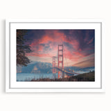 Framed wall art featuring a scenic landscape bridge design, displayed with a white mat, ideal for enhancing home decor with nature-inspired aesthetics.