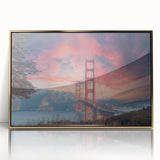 Framed wall art featuring a stunning landscape bridge design, highlighted by a gold acrylic frame, perfect for modern home decor. The artwork captures serene natural beauty, making it ideal for enhancing living spaces.