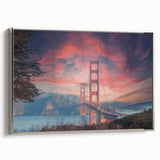 Framed canvas wall art showcasing a serene landscape with a bridge, featuring silver accents and a modern design, perfect for enhancing home decor.