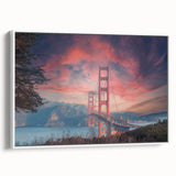Framed canvas wall art showcasing a serene landscape with a bridge, featuring soft blue and green hues, ideal for home decor. Perfect for enhancing living spaces.