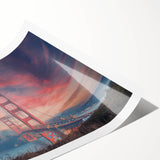 Vibrant rolled print of a scenic landscape featuring a bridge over a tranquil river, showcasing rich colors and intricate details, ideal for home decor.