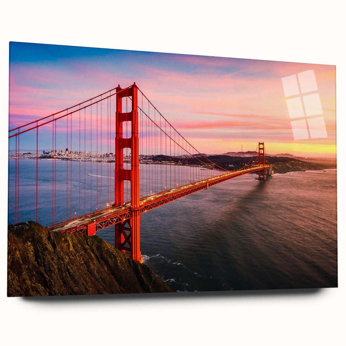 Acrylic glass wall art depicting a serene landscape featuring a bridge over a calm river, showcasing vibrant colors and intricate details, perfect for home decor.