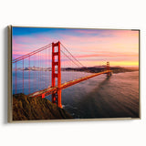 Framed canvas wall art showcasing a modern landscape bridge design, featuring rich gold tones and elegant framing, perfect for contemporary home decor.