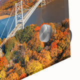 Close-up of a vibrant acrylic landscape wall art piece featuring a bridge over water, showcasing rich colors and intricate details, ideal for home decor.