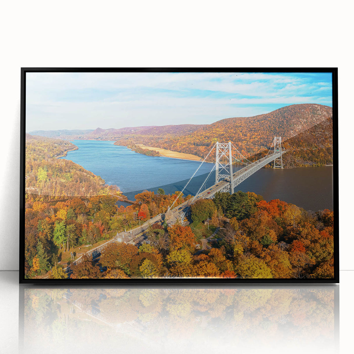 Framed acrylic wall art featuring a modern landscape bridge design, showcasing a sleek black frame, perfect for enhancing contemporary home decor aesthetics.
