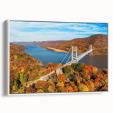 Framed canvas wall art featuring a serene landscape with a bridge, designed in a modern style. The artwork is set against a white background, highlighting its vibrant colors and intricate details, perfect for home decor.