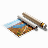Rolled print of a serene landscape featuring a picturesque bridge over a calm river, showcasing vibrant colors and detailed scenery, ideal for home decor.