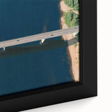 Close-up of a framed landscape wall art piece featuring a serene bridge design, showcasing vibrant colors and intricate details, perfect for home decor.