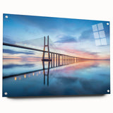 Acrylic glass wall art collection showcasing a modern landscape with intricate bridge designs, featuring vibrant colors and a side view with pins for easy hanging. This artwork adds a contemporary touch to any interior decor.