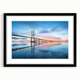 Framed black wall art featuring a serene landscape bridge design, showcasing vibrant colors and intricate details, ideal for modern home decor. The mat adds a polished touch, enhancing its aesthetic appeal.