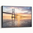Framed canvas wall art showcasing a stunning landscape design with a bridge, featuring a black frame and side view, perfect for home decor enhancement.
