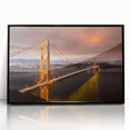 Framed acrylic wall art featuring a modern landscape design with a bridge, set against a black background, ideal for contemporary home decor.