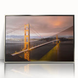 Framed wall art showcasing a modern landscape design depicting a serene bridge over water, featuring silver accents and a sleek acrylic front for a contemporary aesthetic. Ideal for enhancing living spaces with a touch of elegance and tranquility.
