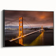 Framed canvas wall art showcasing a picturesque landscape bridge design in muted earth tones, presented in a sleek black frame, ideal for home decor.