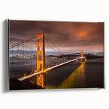 Framed canvas wall art showcasing a modern landscape design featuring a bridge, presented in a sleek silver frame, ideal for contemporary home decor.