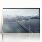 Framed acrylic wall art showcasing a stunning silver bridge design against a serene landscape, perfect for modern home decor. Ideal for enhancing living spaces.